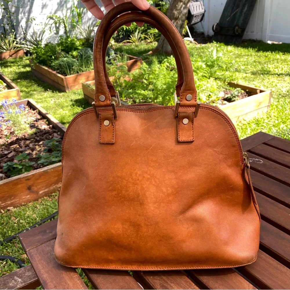 LALUCCA rebeka dome satchel bag purse cognac leather